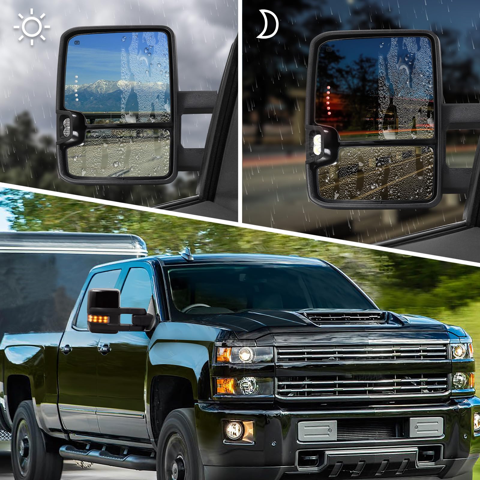 Heated Power-Adjustable Towing Mirrors for 2014-2018 Chevy Silverado & GMC Sierra 1500/2500/3500 HD - Black Painted with Turn Signal Lights (Model 8555) - Perfect for Towing Trailers, Campers & Heavy Loads