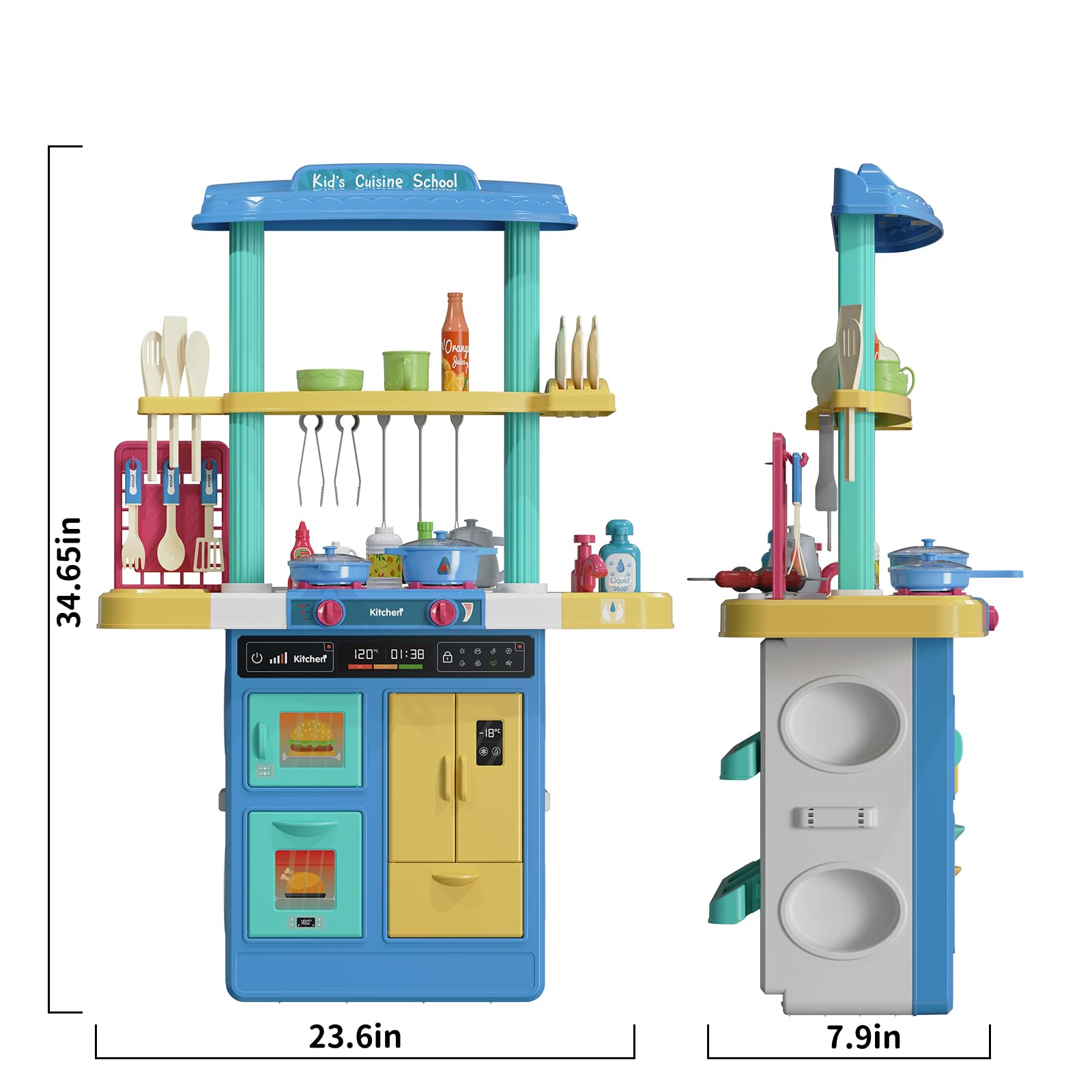 TEMI Kids Kitchen Playset & 60 Pcs Toy Accessories - Interactive Pretend Play Kitchen with Real Sounds & Lights - Toddler Cooking Toy Set for Boys & Girls (Blue) - Perfect for Imaginative Play, Birthday Gifts & Preschool Learning Activities