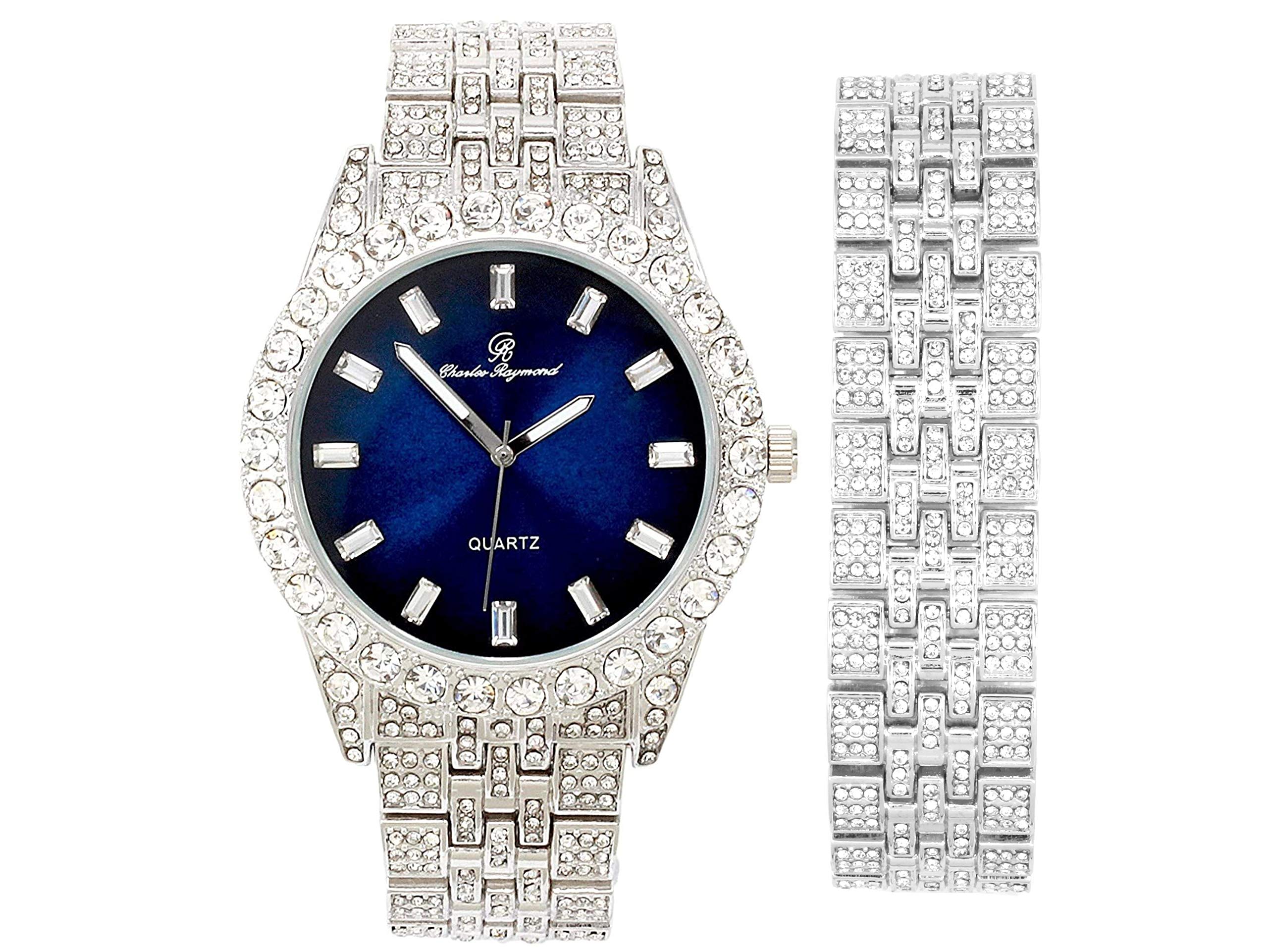 Men's Iced Out Watch with Matching Cuban Link Bracelet - Luxury Rhinestone & Baguette Diamond Dial - Hip Hop Bling Accessory for Parties, Gifts & Special Occasions - ST10226B