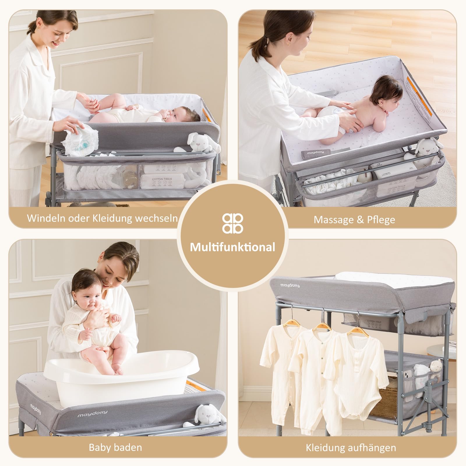 Maydolly Foldable Adjustable Height Baby Changing Table with Removable Waterproof Cover & Storage Organizer - Perfect for Nursery, Daycare & Travel (Grey)