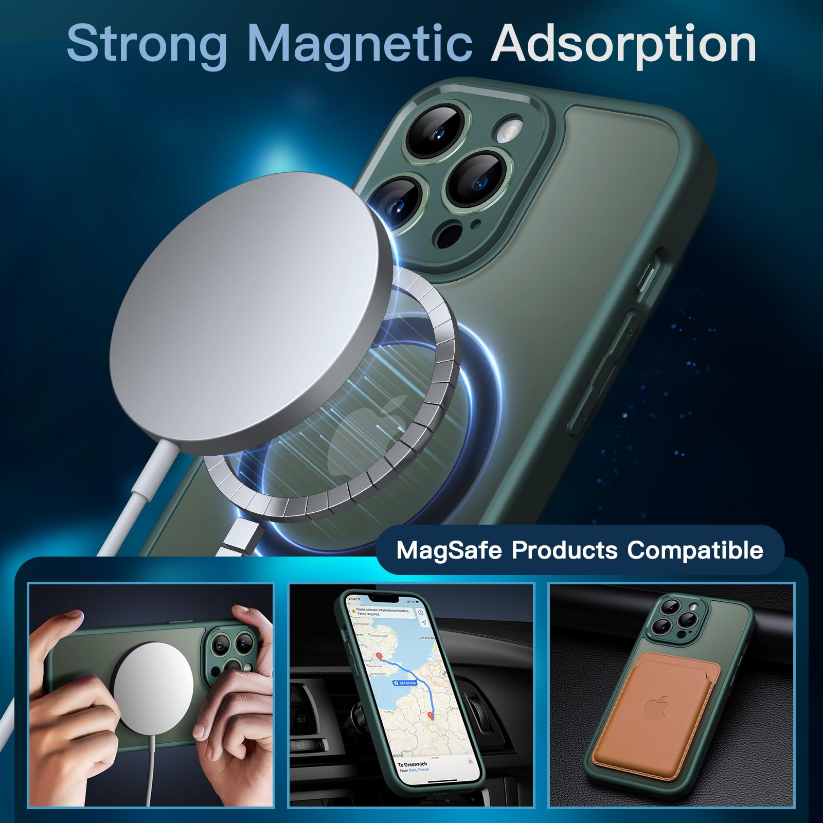 JETech 3 in 1 Magnetic Case for iPhone 13 Pro 6.1-Inch | 2-Pack Tempered Glass Screen Protector | MagSafe Compatible | Translucent Matte Shockproof Cover (Dark Green) - Perfect for Work, Travel & Everyday Protection