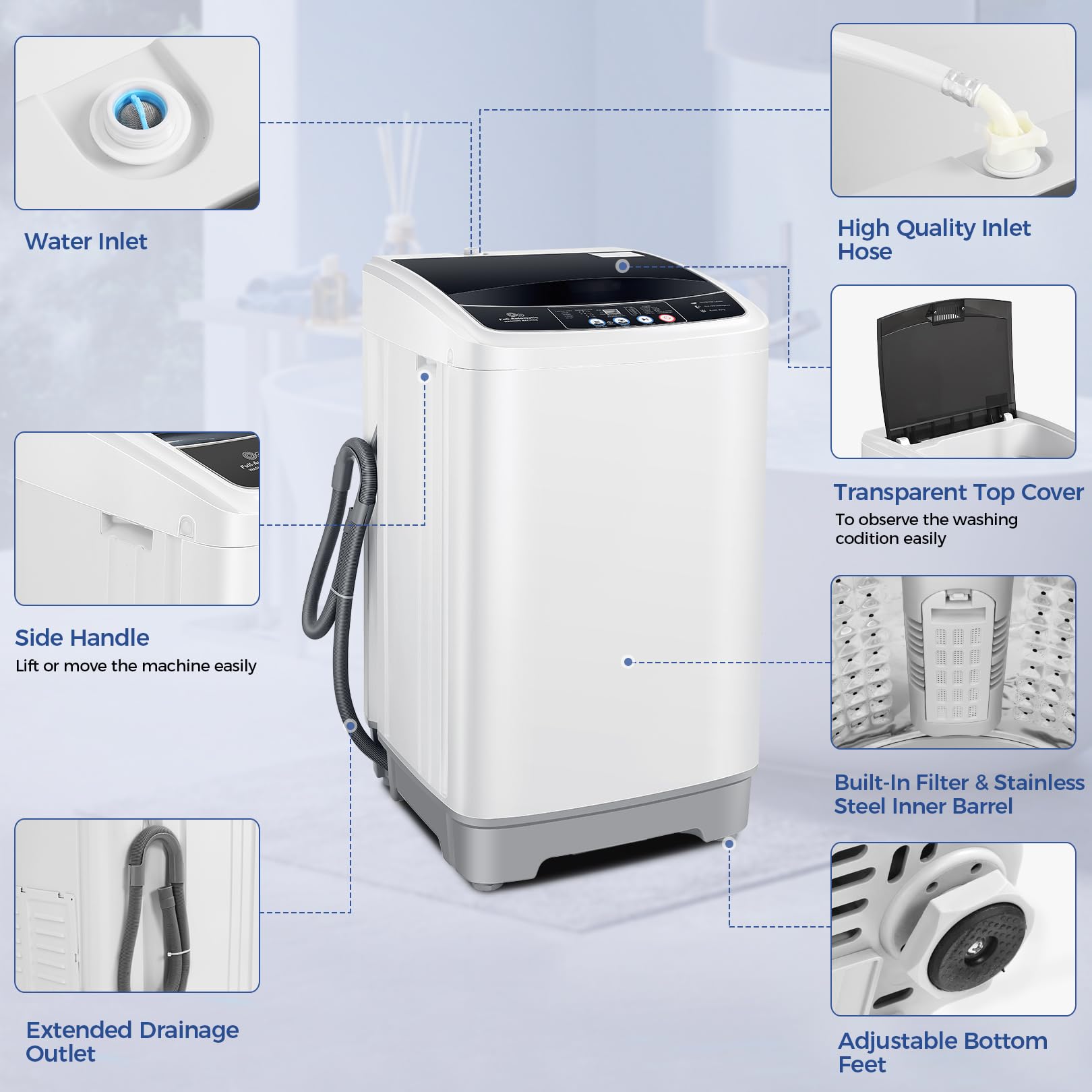Nictemaw 2.4 Cu.ft Full-Automatic Portable Washing Machine - 17.8Lbs Capacity Compact Washer with Drain Pump, 10 Wash Programs & 8 Water Levels - Perfect for Apartments, Dorms, RVs, Camping & Small Spaces