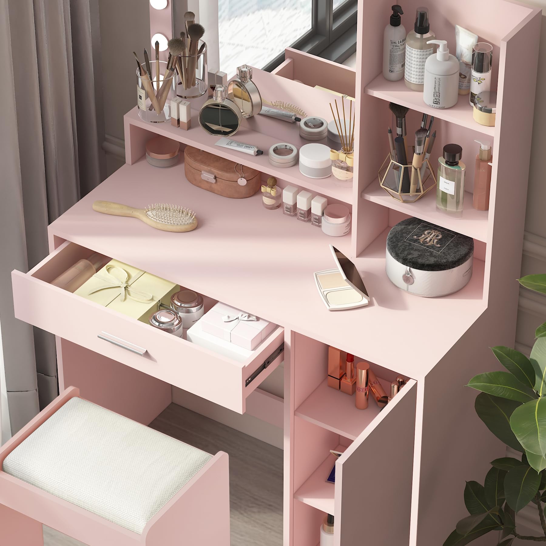 Vanity Desk with Mirror & LED Lights - Large Drawer & 3-Tier Storage Dresser - 3 Adjustable Lighting Modes - Pink Makeup Dressing Table with Stool - Perfect for Bedroom, Dorm Room & Beauty Salon