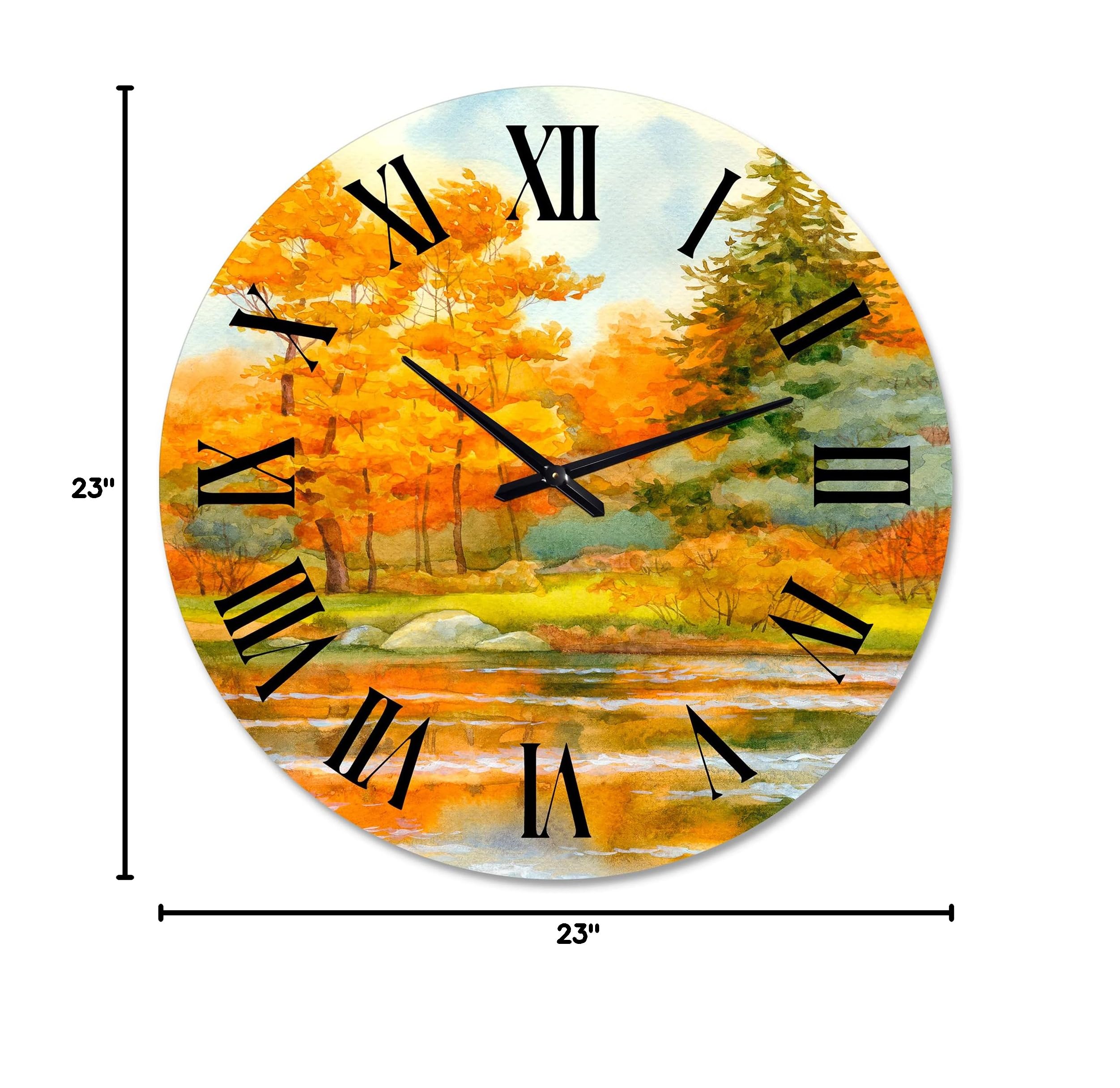 DesignQ Lake House Wall Clock 'Autumnal Forest by The Lake Side IV' - Large Nature Landscape Wall Clock for Kitchen, Living Room, Bedroom Decor - Perfect for Rustic, Farmhouse & Cabin Home Décor