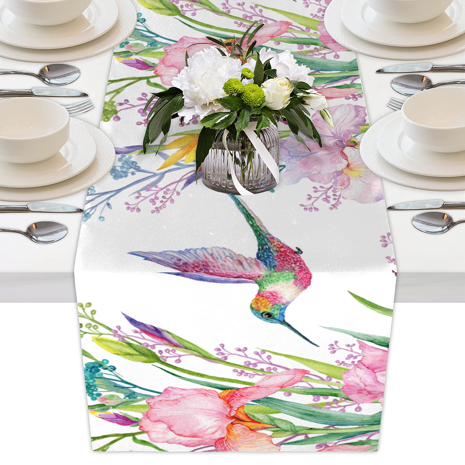 Bardic 13x90 Inch Watercolor Hummingbird Floral Table Runner - Elegant Dining Table Decor for Kitchen, Coffee Table, Wedding & Holiday Festivities - Perfect for Dinner Parties, Bridal Showers & Seasonal Celebrations
