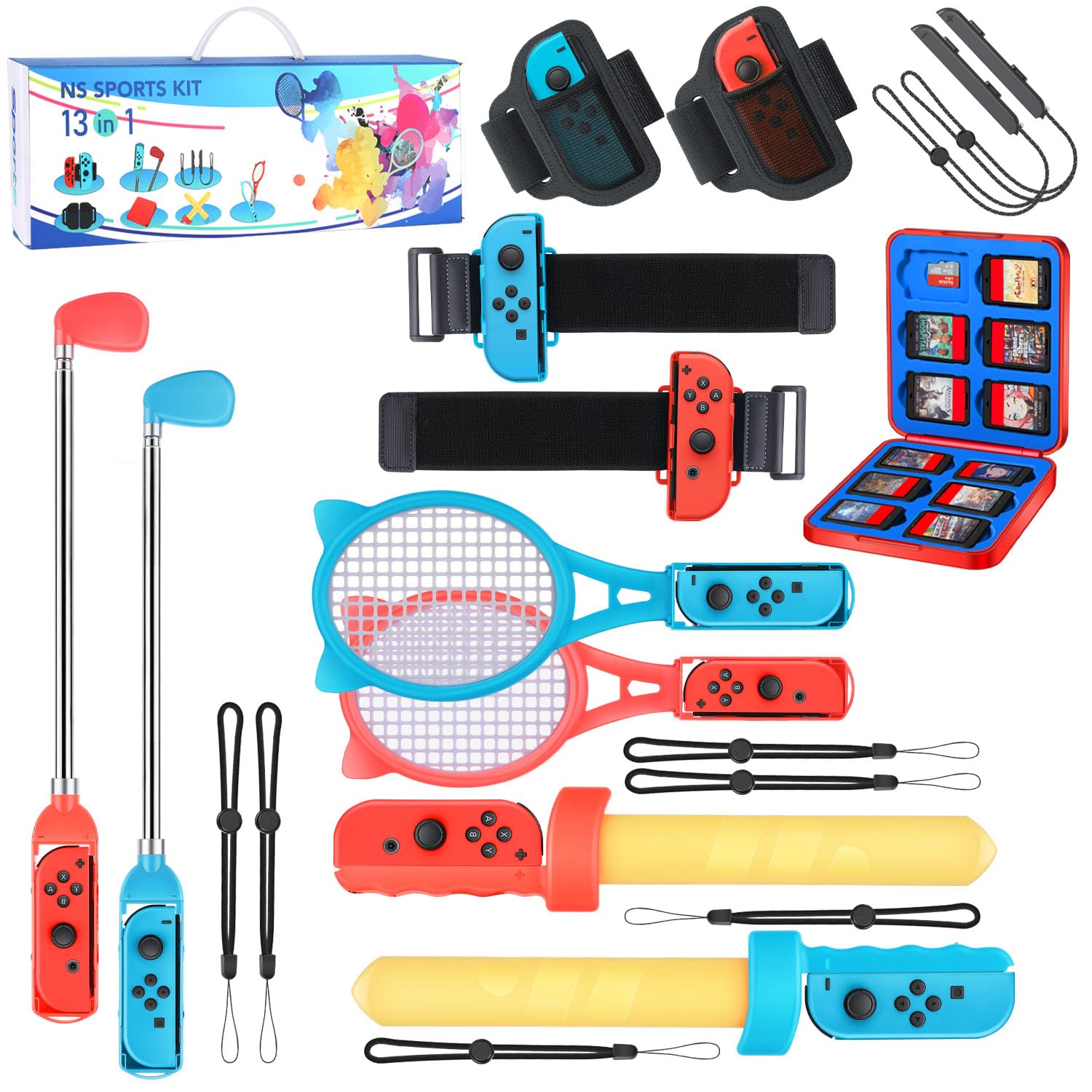 Nintendo Switch Sports Accessories Bundle - 13-in-1 Family Pack with Tennis Rackets, Adjustable Golf Clubs, Chambara Swords, Soccer Leg Straps, Wrist Bands & Joycon Straps for Switch & OLED - Perfect for Family Game Nights & Multiplayer Sports Gaming