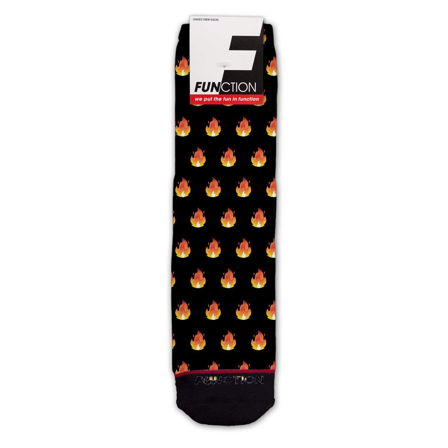 Function - Fire Flame Lit AF Blaze Heat Icon Emoticon Pattern Black Fashion Socks | Trendy Cartoon Crew Socks for Men & Women | Perfect for Casual Wear, Gifts, and Street Style Outfits