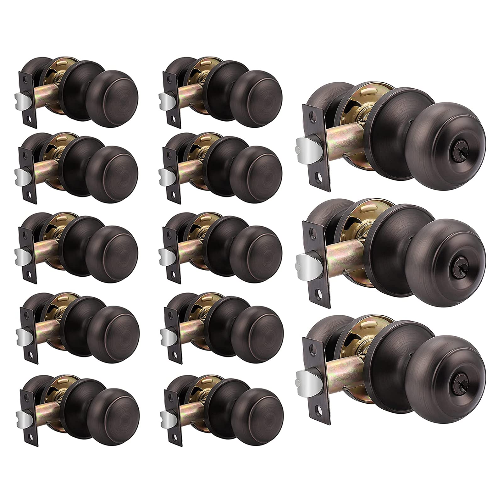 10-Pack Interior & 3-Pack Keyed Entry Door Knob Set in Oil Rubbed Bronze - Hall Closet & Home Security Door Handles for Bedroom, Bathroom & Front Door Installation