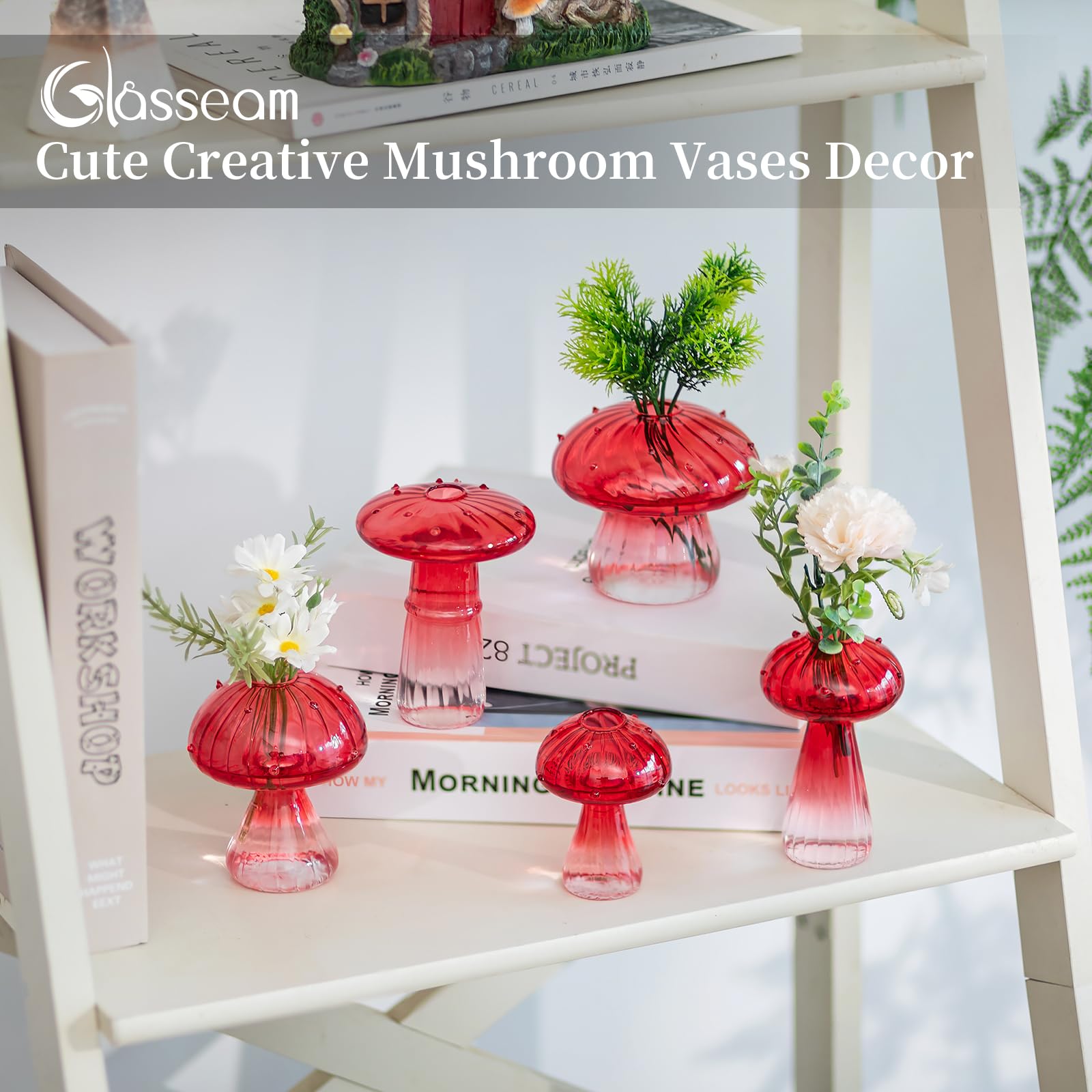 Glasseam Mushroom Plant Propagation Stations - Set of 5 Red Glass Terrarium Jars for Indoor Plants | Cute Planter Decor for Home, Office | Unique Christmas & Birthday Gifts for Women | Perfect for Succulent Propagation, Herb Gardens & Windowsill Displays