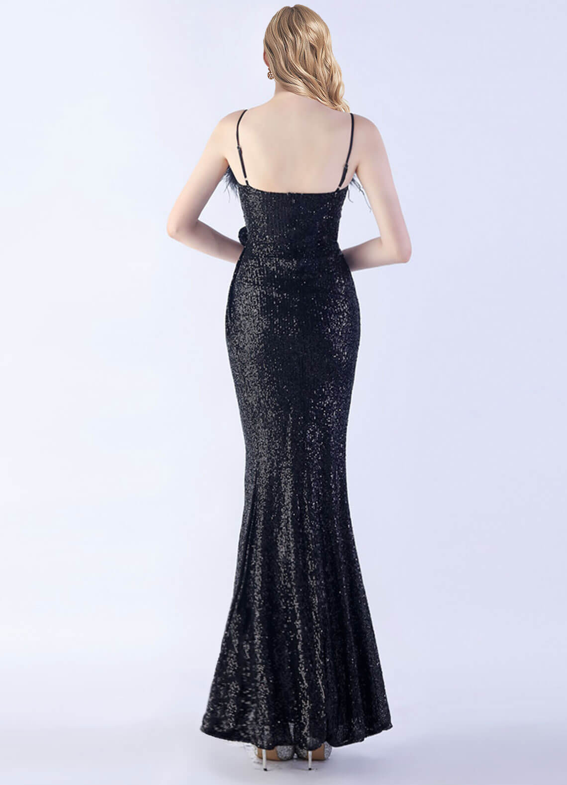Elegant Black Feather Sequin Maxi Dress with Spaghetti Straps for Prom, Evening Gala & Formal Events | Luxury Long Evening Gown for Women