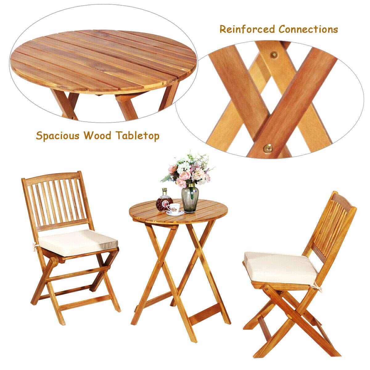 Tangkula 3-Piece Patio Folding Bistro Set - Acacia Wood Outdoor Dining Table & Chairs with Padded Cushions, Round Coffee Table - Perfect for Garden, Poolside, Balcony & Indoor Use (Cream)