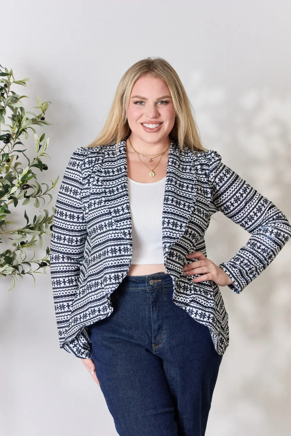 Heimish Full Size Open Front Printed Blazer for Women - Stylish Casual Office Wear & Spring Outerwear