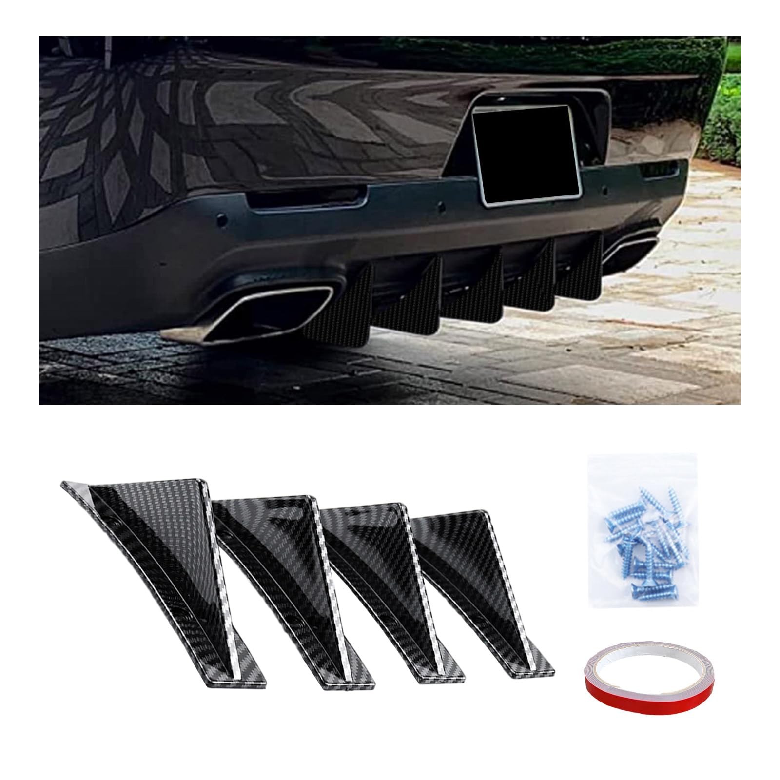 Augeny 4PCS Universal Rear Bumper Lip Diffuser Kit - Anti-Crash Curved Car Spoiler Protector with Screws for SUV & Sedan | Carbon Fiber Design | Enhances Aerodynamics & Style for Street Racing & Car Shows