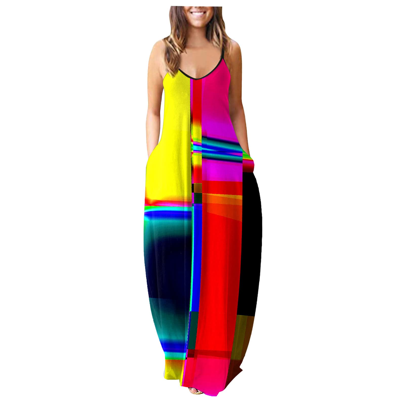 iQKA Women's Maxi Dress - Colorful Long Sleeveless V-Neck Tunic with Pockets | Summer Casual Dress for Beach, Vacation & Everyday Wear | Vestidos Elegantes