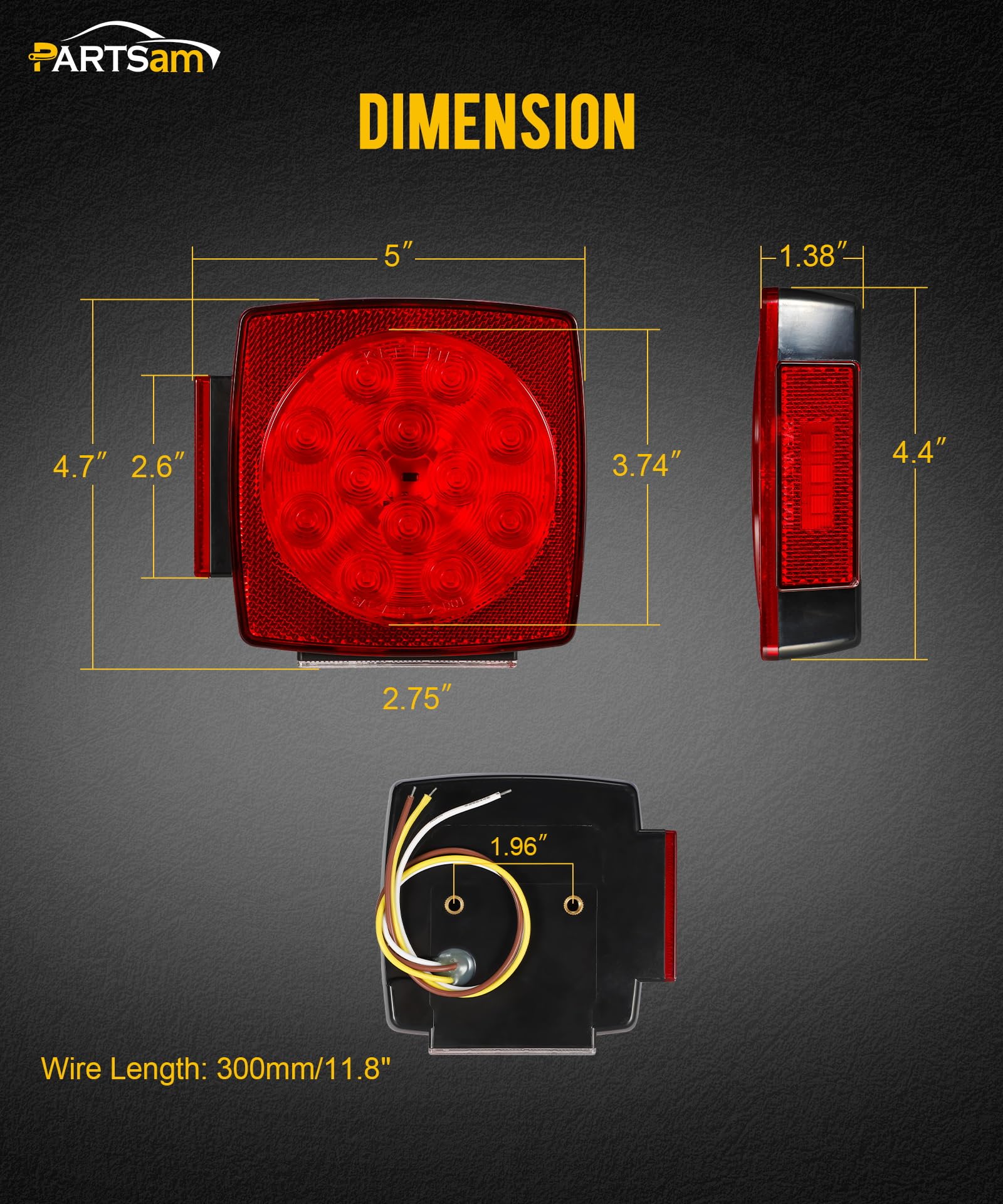 Partsam Pair Slim Square LED Trailer Lights - Submersible Tail Lights with 15 Red & 4 White 5050 SMD LEDs - Stop/Turn/Tail Lights with Side Clearance & License Plate Light - Waterproof IP67 Red Lens for Under 80