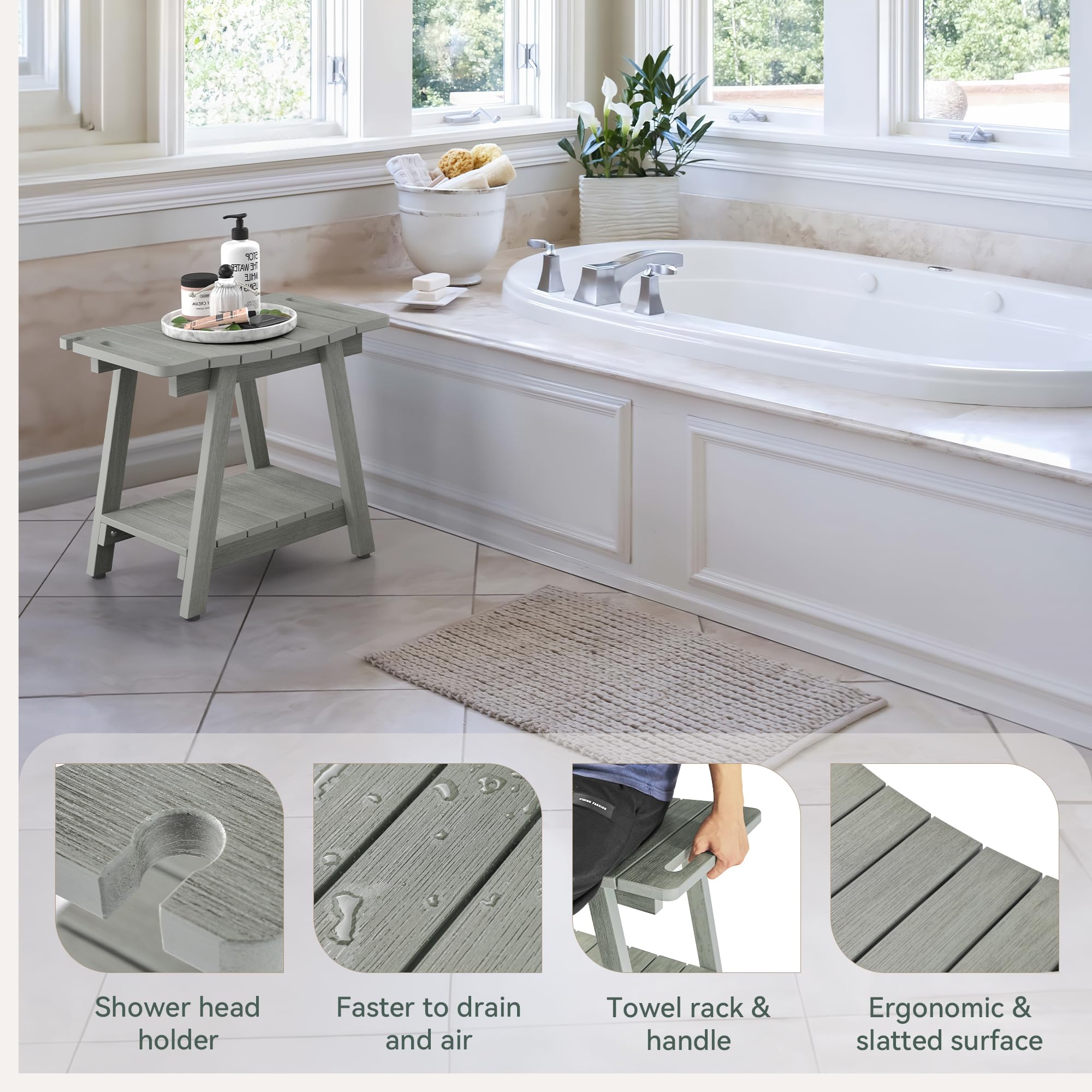 LUE BONA Shower Bench with Storage Shelf - Waterproof Shower Chair for Elderly & Disabled Adults - Non-Slip Bath Stool for Seniors - Large Gray Shower Seat - Perfect for Bathroom Safety & Assisted Showering