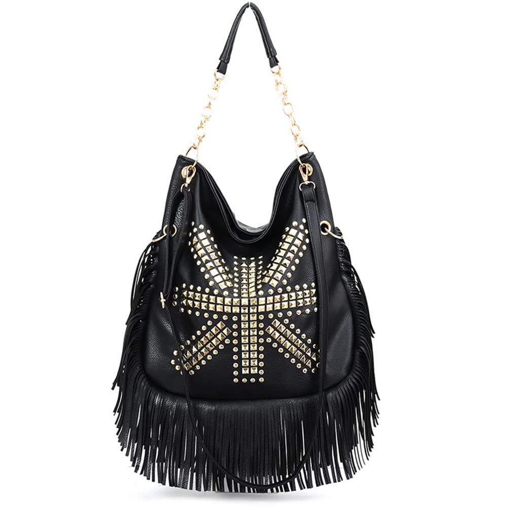 Stylish PU Leather Fringe Hobo Bag for Women - Large Studded Crossbody Handbag with Adjustable Strap | Perfect for Casual Outings, Parties, and Everyday Use