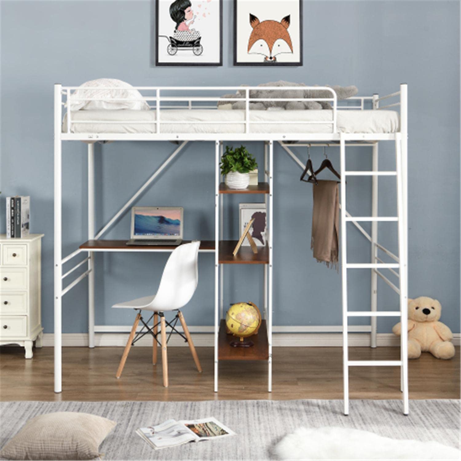 Twin Size Loft Bed with L-Shaped Desk & Shelves - Sturdy Metal Frame with Safety Guardrail - Easy to Assemble White Space-Saving Bed - Perfect for Small Bedrooms, Dorms & Studio Apartments