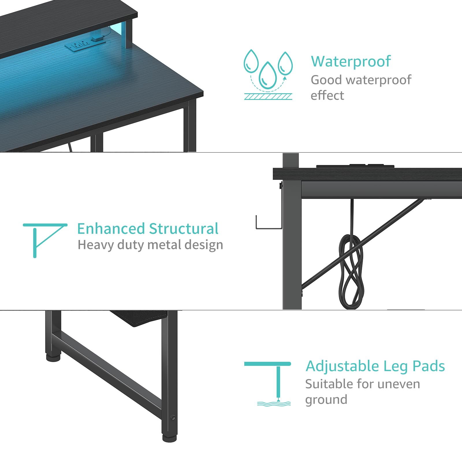 Lufeiya 40 Inch Black Gaming Desk with LED Lights, Power Outlets & USB Charging Station - Ergonomic Computer Desk with Monitor Stand for Home Office, Gaming Setup & Teen Study Room | Perfect for Streaming, Online Classes & Work from Home