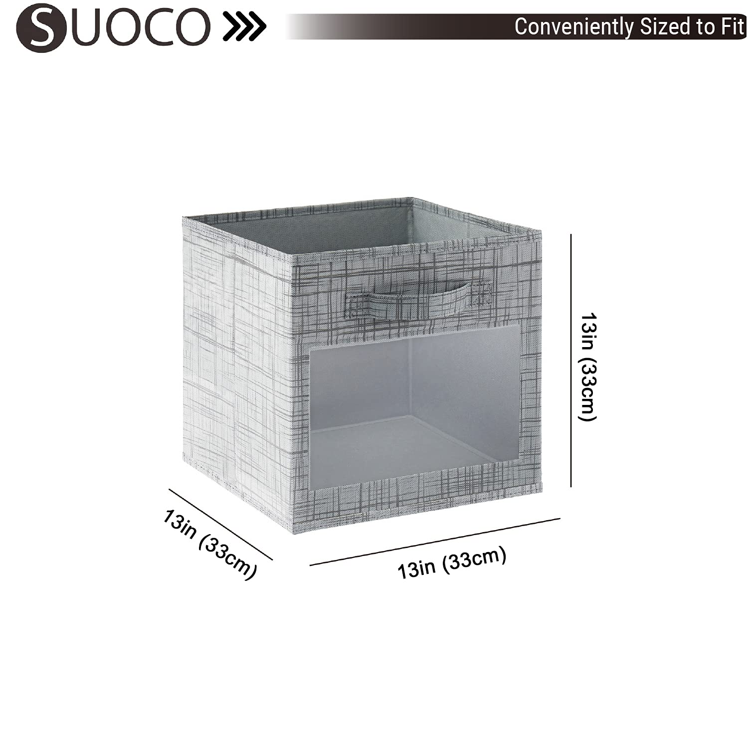 SUOCO 6-Pack Foldable Fabric Storage Bins with Clear Window - Grey Cube Organizer Baskets for Shelves, Closet, Nursery & Kids Room | Perfect for Home Organization, Toy Storage & Bedroom Decor