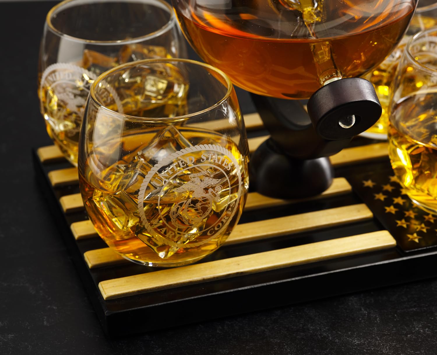 Premium U.S. Marine Globe Whiskey Decanter Set with 4 Crystal Glasses - Wooden American Flag Base - Navy Veteran Gift for Men, Dad & Military Fathers - Bourbon & Scotch Decanter Gift Set - Perfect for Home Bars, Man Caves & Patriotic Celebrations