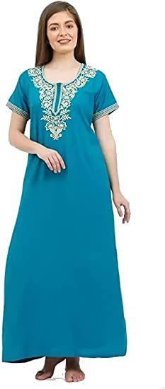 Women's 100% Cotton Embroidered Nightgown - Soft Indian Nighty for Ladies, XL Size Night Dress in Teal | Perfect for Sleepwear, Loungewear & Comfortable Home Wear