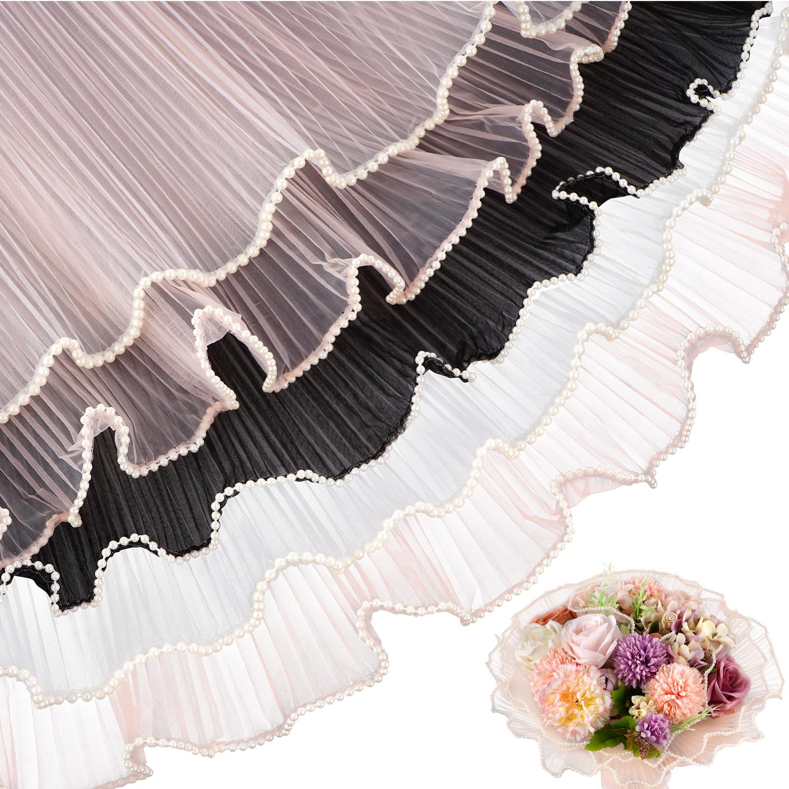3 Pack Pearl Edge Bouquet Wrapping Paper - Korean Floral Mesh Net with Wrinkle Wave Design for Wedding, Anniversary & Birthday Flowers (White, Pink, Black) 4.37 Yards - Perfect for DIY Floral Arrangements, Gift Wrapping & Event Decorations
