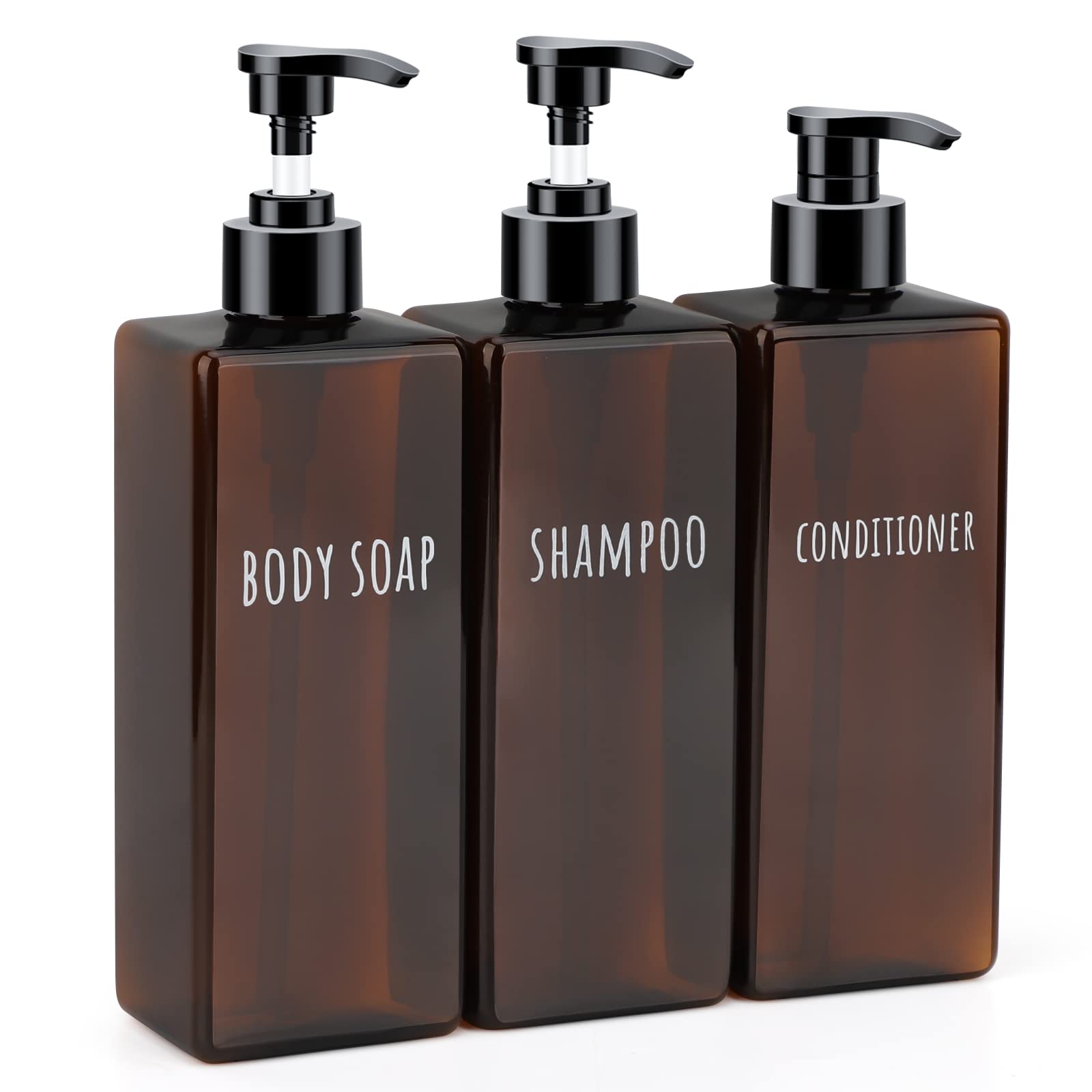 Segbeauty 16.9oz (500ml) Refillable Square Shampoo & Lotion Dispenser with Pump - 3 Pack Empty Plastic Bottles for Bathroom, Shower, Body Wash & Liquid Soap - Perfect for Home, Hotel & Travel (Amber)