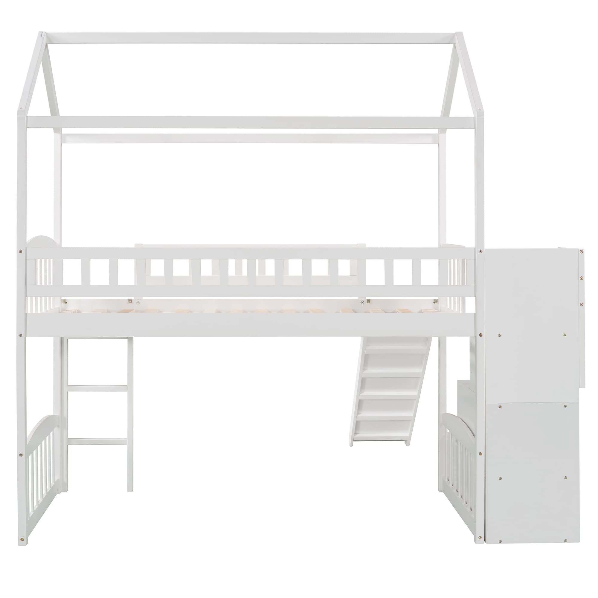 Harper & Bright Designs Twin Loft Bed with Slide, Storage, Stairs & Roof - Wooden Kids Loft Bed Frame for Boys & Girls - Perfect for Small Rooms, Playrooms & Sleepovers (Twin Size, White)