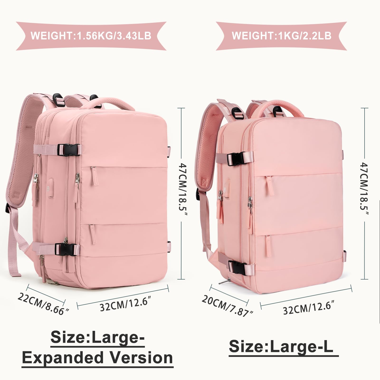 Coowoz 40L Expandable Waterproof Travel Backpack for Women & Men - Carry On Backpack, Hiking Backpack, Outdoor Sports Rucksack, Casual Daypack - Perfect for Air Travel, Camping, Hiking & Daily Commute (Pink)