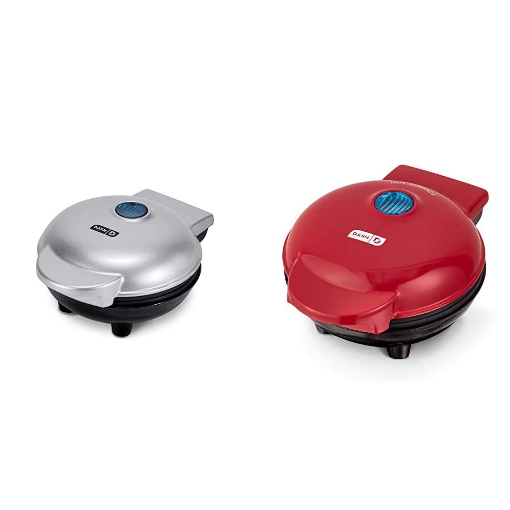 Dash DMS001SL Mini Maker Electric Round Griddle & Grill Machine - Silver & Red | Portable Panini Press with Recipe Book | Perfect for Breakfast, Sandwiches & Quick Meals at Home, Office or Camping
