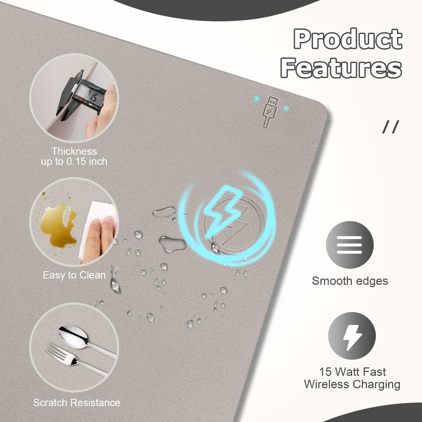 Firelison 2-in-1 Wireless Charging Mouse Pad - Leather Desk Mat with Non-Slip Rubber Base, 32x16 Inch Waterproof Office Desk Pad for Computer, Work & Home Decor (Grey) - Perfect for Workspace Organization & Device Charging