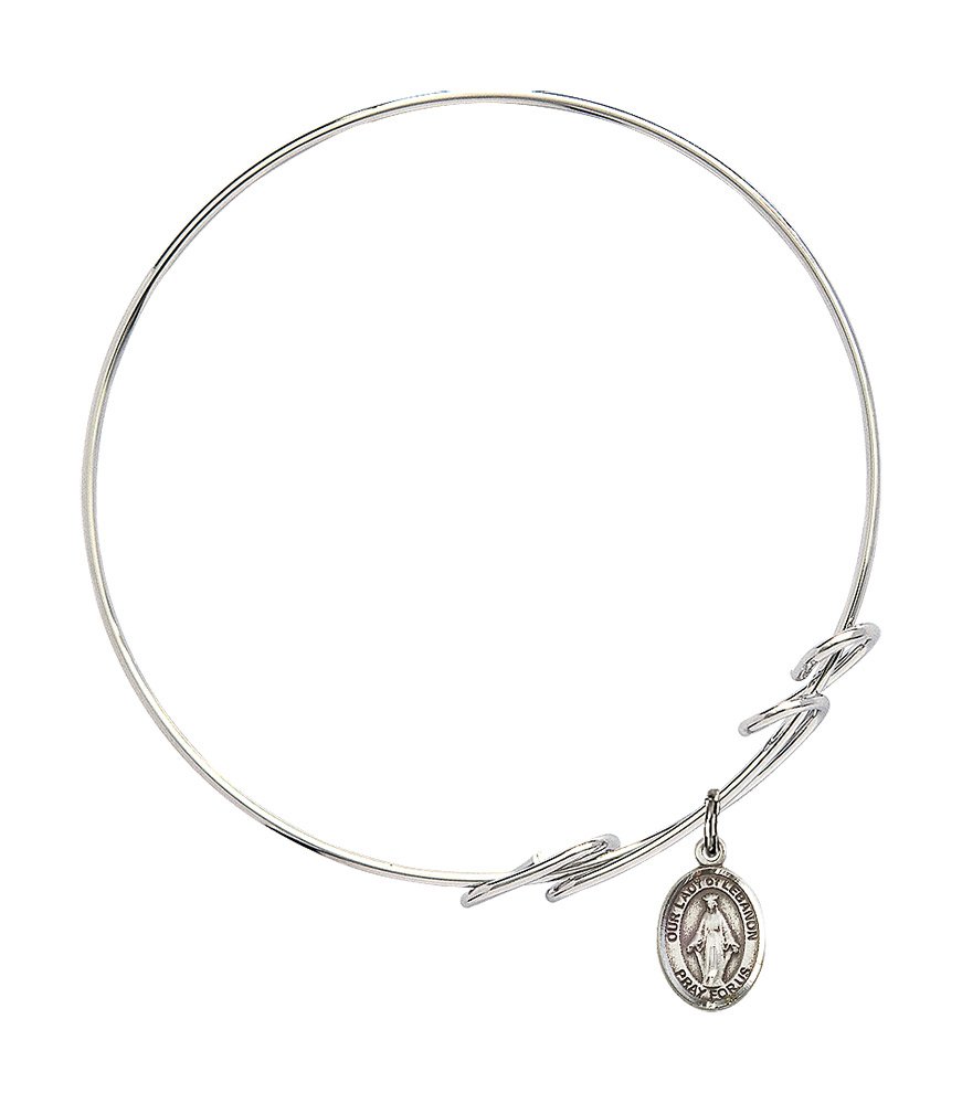 Sterling Silver Round Double Loop Bangle Bracelet with Our Lady of Lebanon Charm - Elegant Religious Jewelry for Women, Perfect for Church, Weddings & Special Occasions