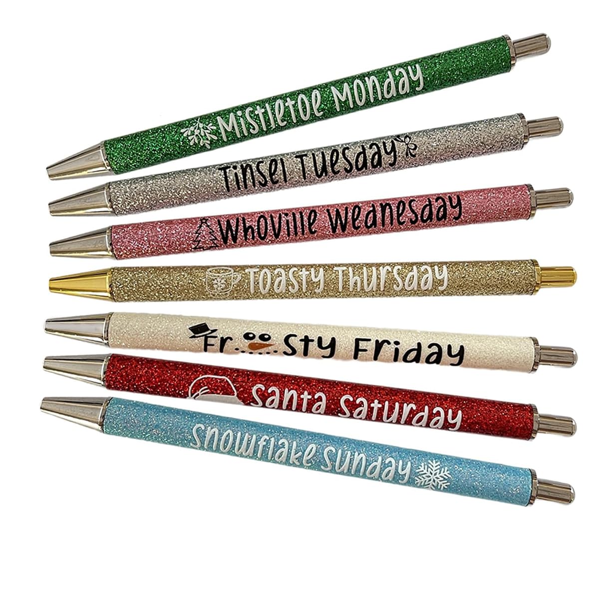 7-Piece Colored Glitter Pen Set for Halloween & Christmas - Funny Days of The Week Pens with Humorous Sarcastic Sayings - Novelty Office Gifts for Coworkers, Teachers, Secret Santa (Perfect for Journaling, Note-Taking & Gift Giving)