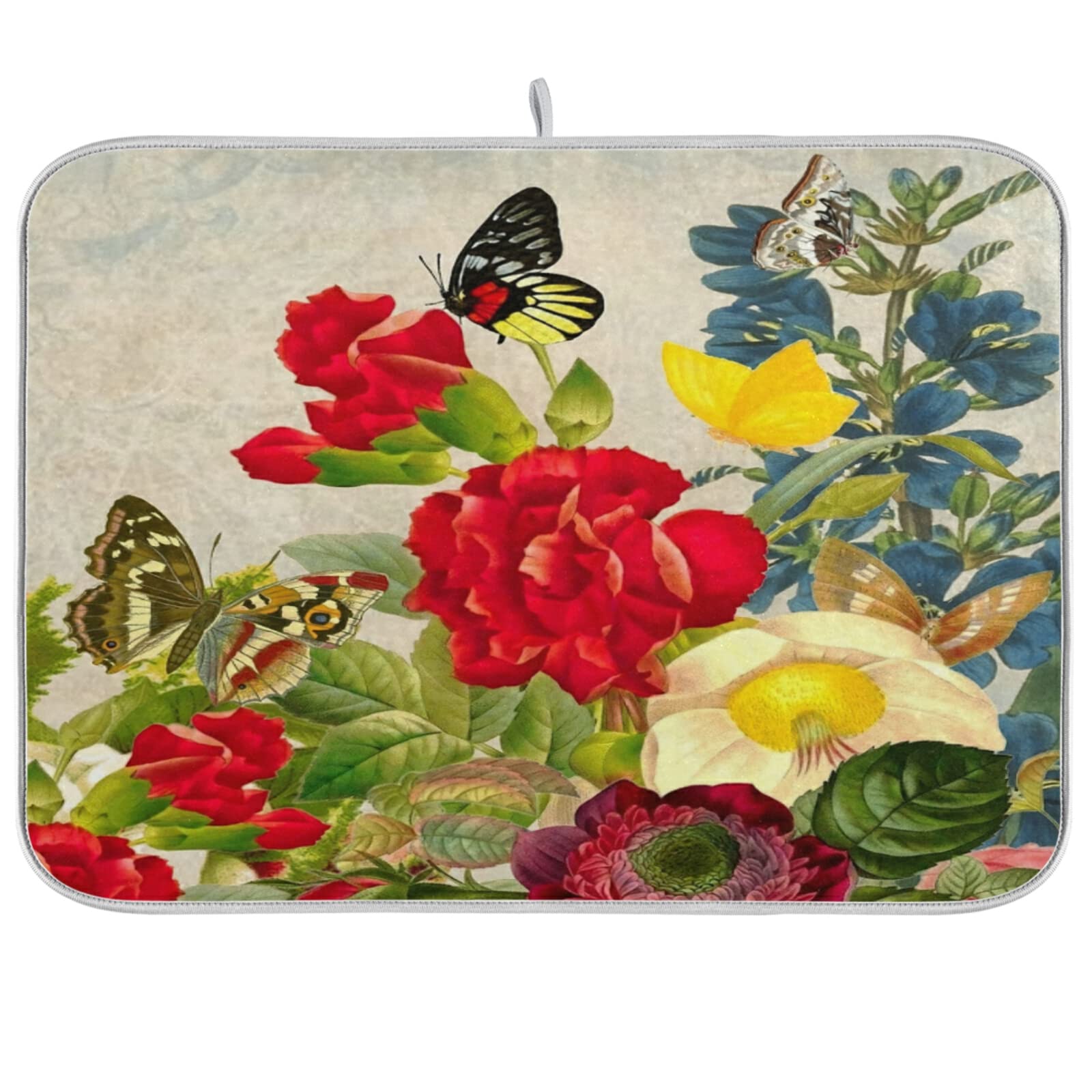 Vintage Roses Butterfly Painting Dish Drying Mat - Absorbent Reversible Microfiber Kitchen Mat (16x18 Inch) for Dishes Draining & Countertop Protection - Perfect for Farmhouse, Cottagecore Home Decor & Gift Ideas