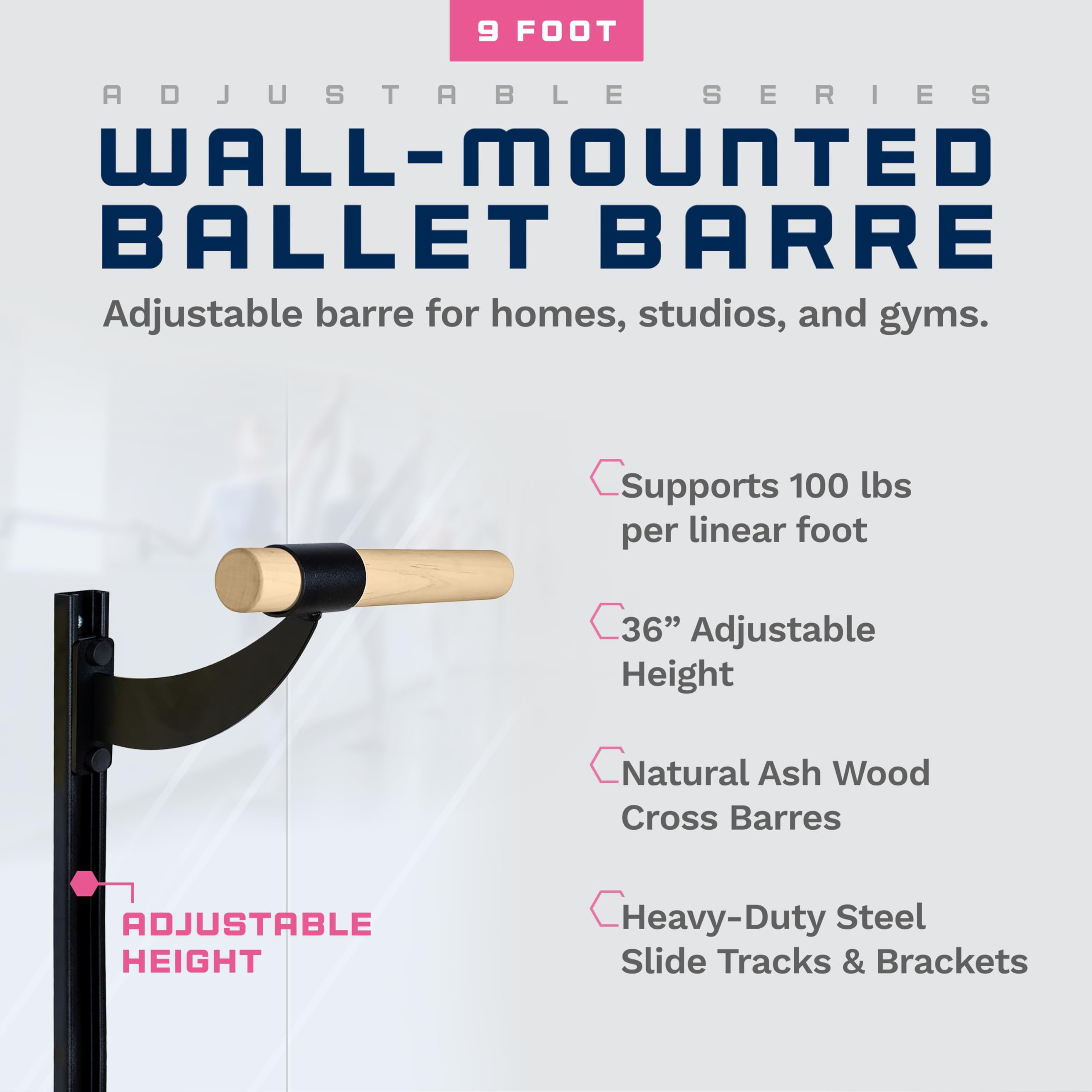 VITA Barre Wall-Mounted Ballet Barre - Adjustable Height Solid Wood Bar for Dance, Fitness & Pilates | Made in USA | Home, Studio & Gym Equipment for Kids & Adults | Perfect for Ballet Practice, Stretching & Workout Routines