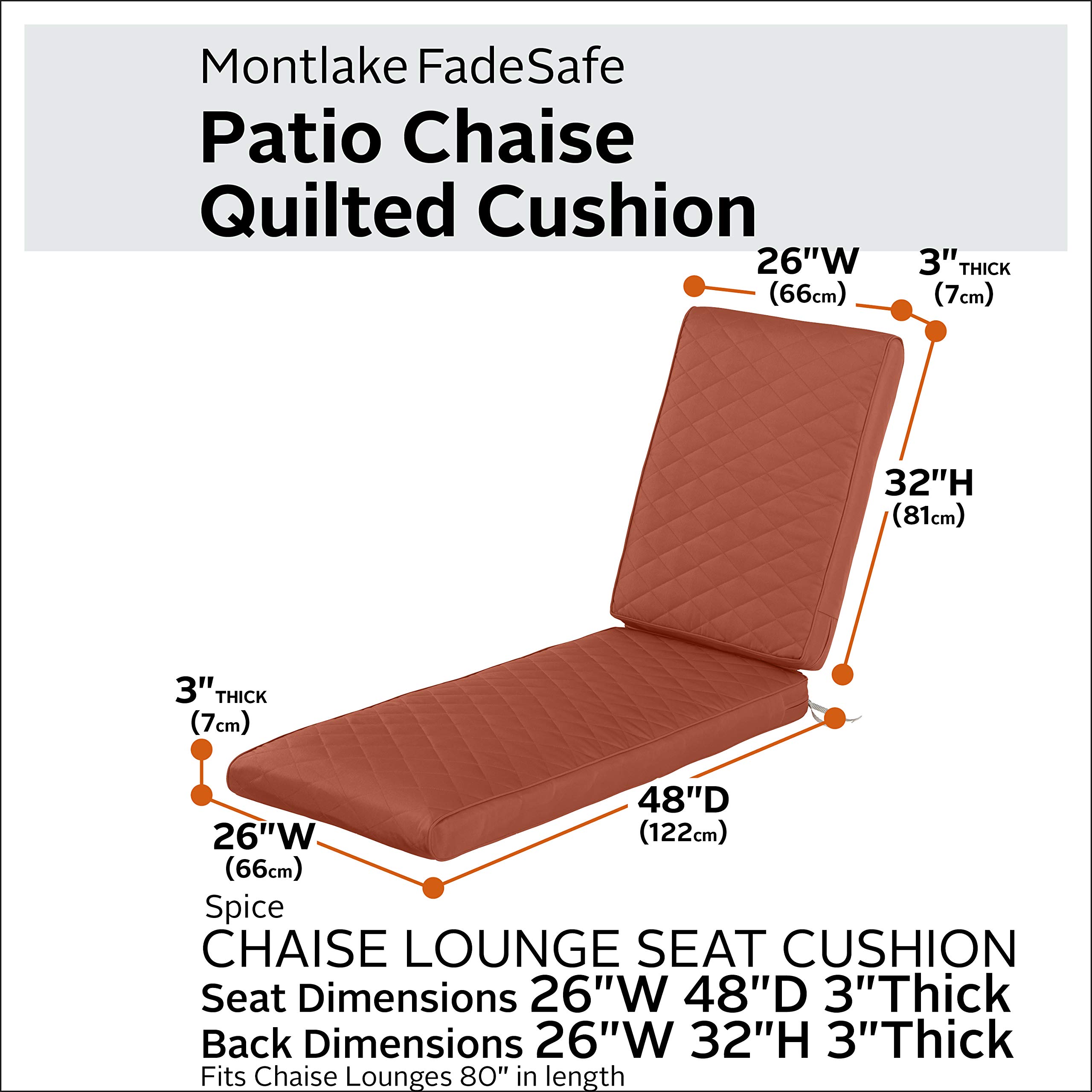 Classic Accessories Montlake Outdoor Chaise Lounge Cushion 80x26 - FadeSafe, Water-Repellent, Quilted Spice - Perfect for Patio, Poolside, and Garden Relaxation