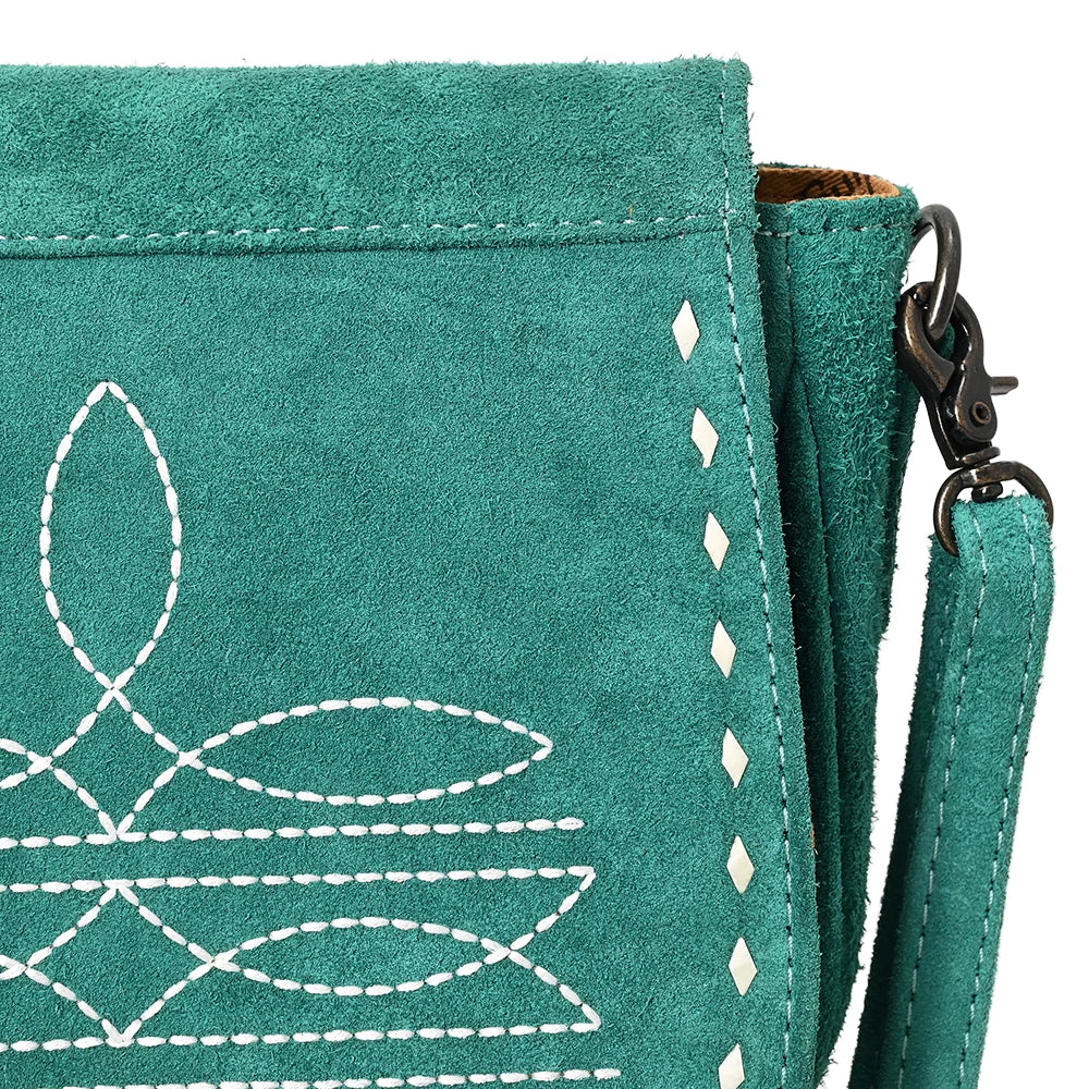 American Darling Turquoise Roughout Boot Stitch Leather Crossbody Bag - Stylish Western Handbag for Women, Perfect for Casual Outings, Date Nights & Country Music Festivals