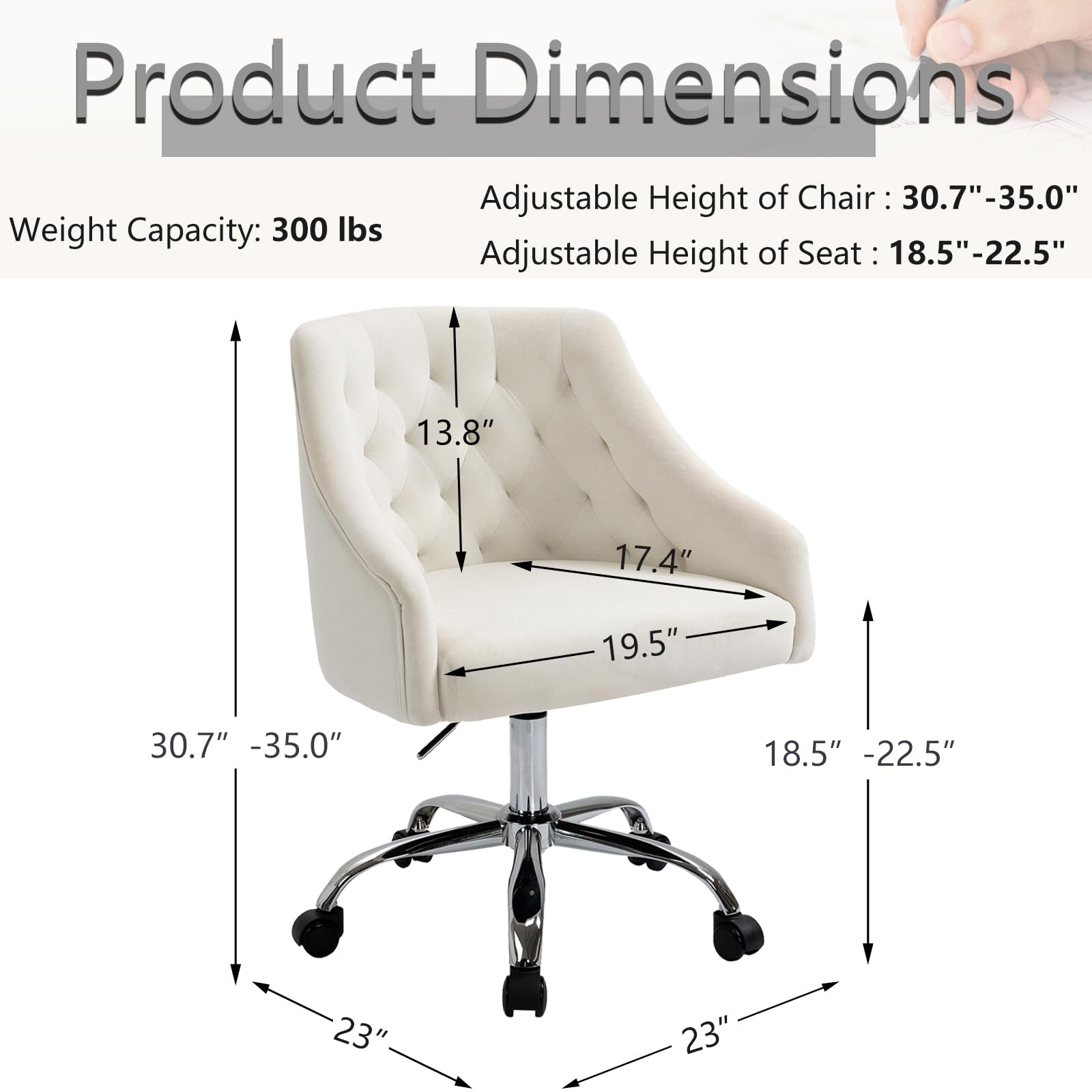 MOJAY Velvet Office Swivel Chair - Adjustable Height 360° Rotating Vanity Desk Chair with Gold Base, Soft Fabric Upholstery for Women's Home Office, Reception Area, and Dressing Room (White)