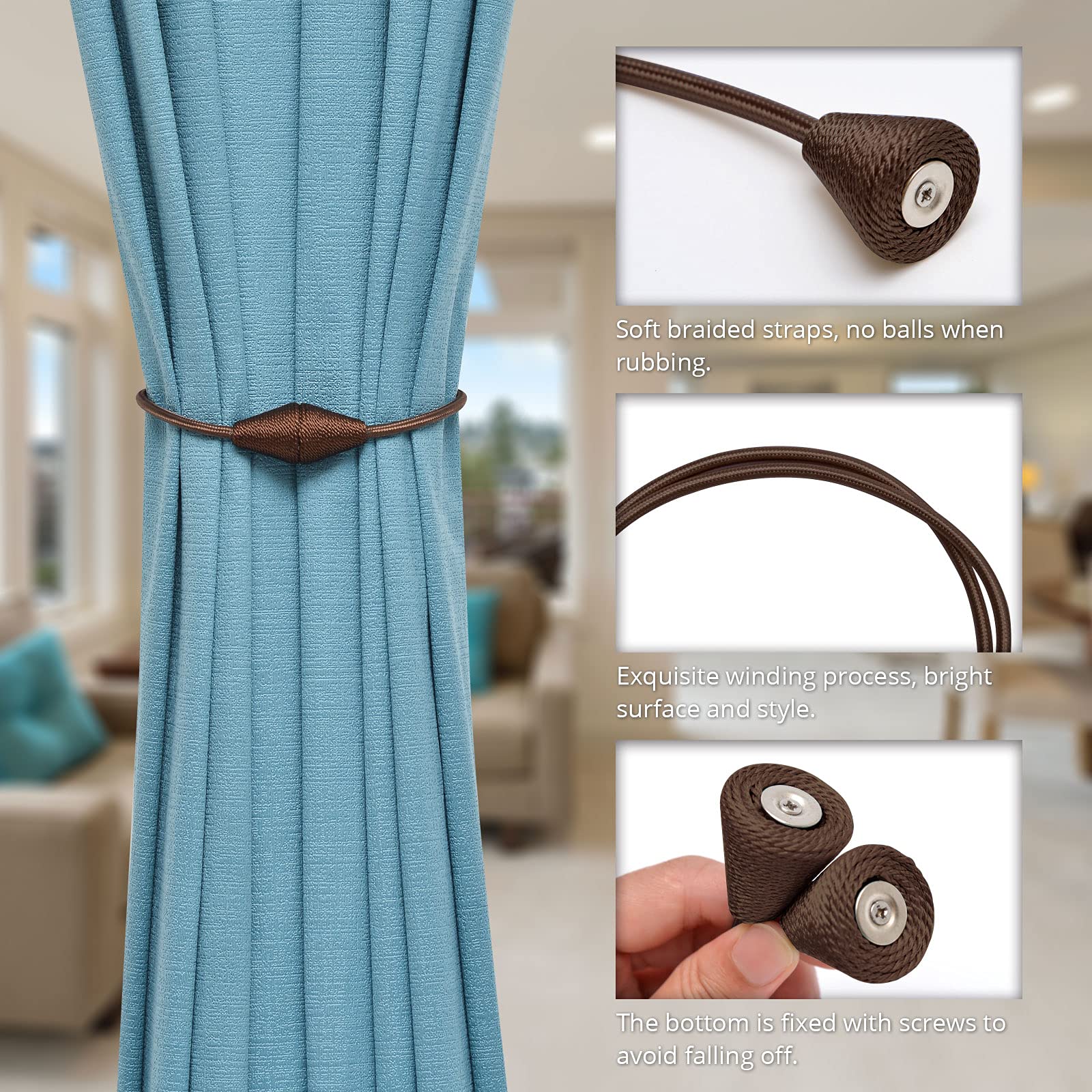 Upgraded Magnetic Curtain Tiebacks - 4 Pack 16 Inch Handwoven Rope Drapery Holdbacks for Windows | Decorative Cone Shaped Drape Clips | Convenient Home & Office Window Treatment (Deep Coffee) | Perfect for Living Room, Bedroom & Office Decor