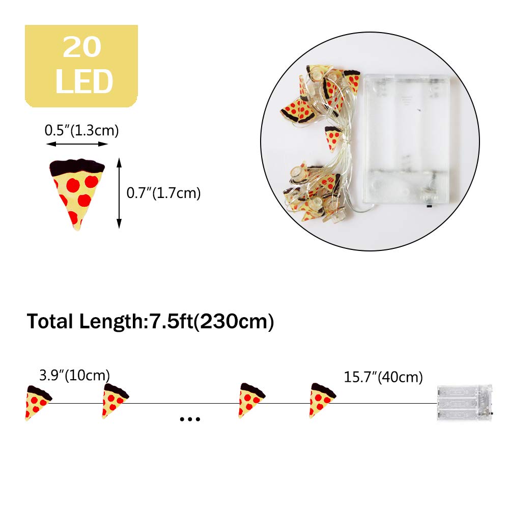 20 LED Pizza Copper String Lights - Battery Operated Waterproof Fairy Lights for Christmas, Birthday Party, Holiday & Summer Decor - Perfect for Indoor/Outdoor Pizza Themed Parties, Restaurants & Backyard Decorations