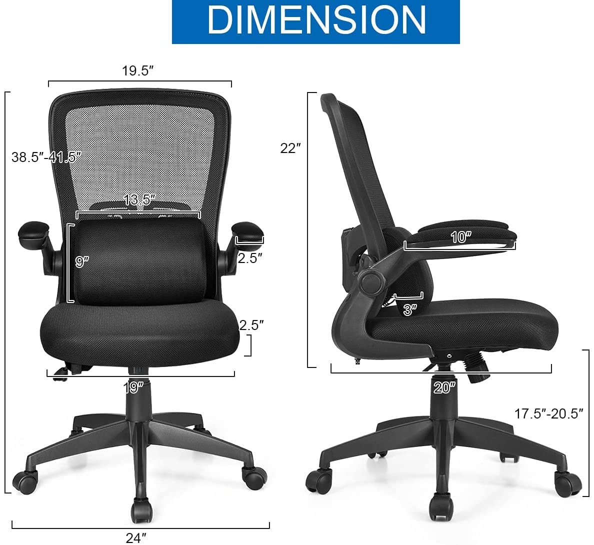 Ergonomic Mesh Office Chair with Lumbar Support, Flip-Up Padded Armrests & Height Adjustable Tilt Mechanism - Black - Perfect for Home Office, Gaming & Workspace Comfort