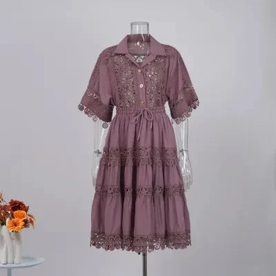 Women's 2-Piece Embroidery Outfit - Lace Hollow Out Loose Blouse & Elastic Waist Midi Skirt Set | Summer Vacation, Beachwear, Date Night, Casual Chic Outfits