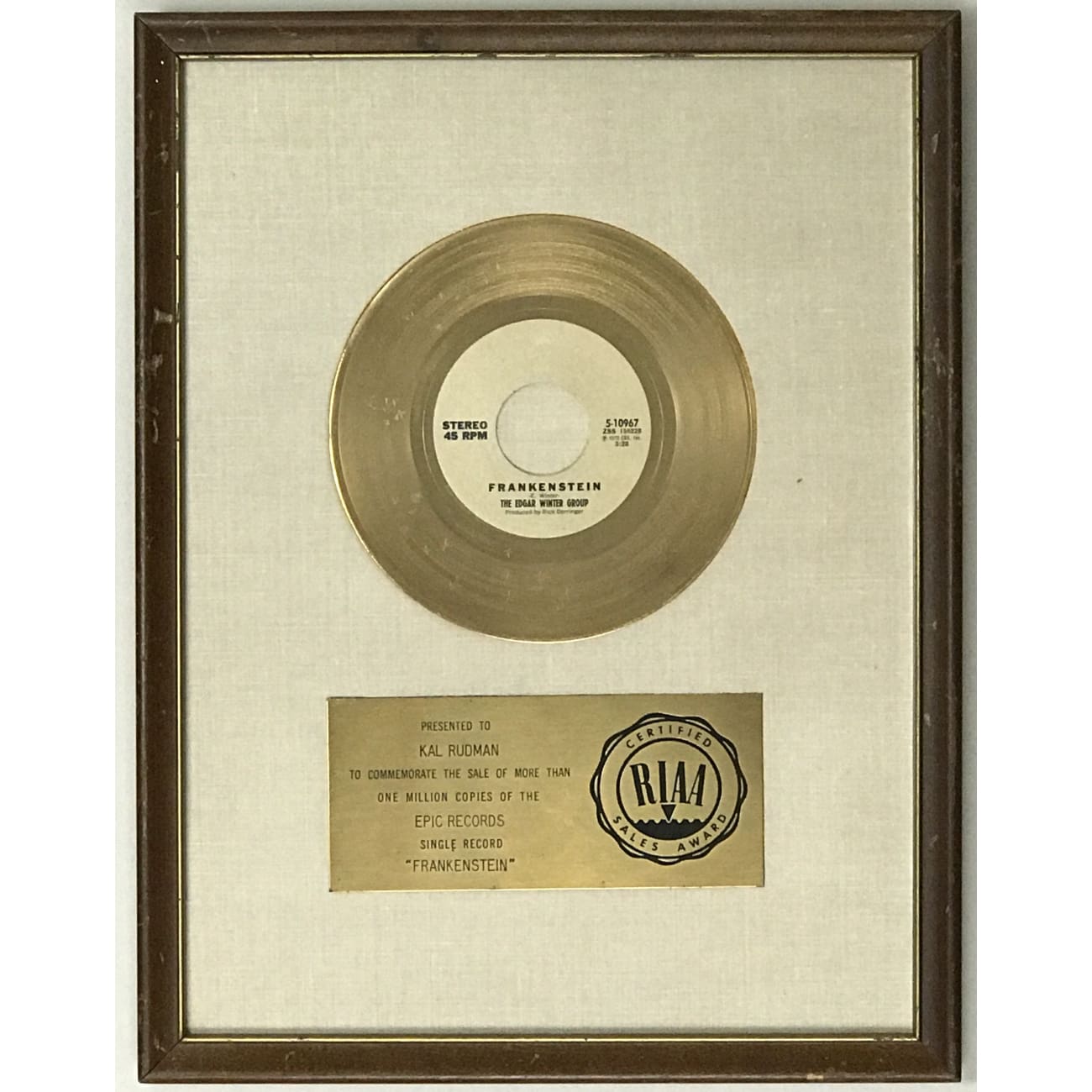 Edgar Winter Group Frankenstein White Matte RIAA Gold 45 Award - Rare Collectible Vinyl Record for Music Enthusiasts & Vintage Collectors - Perfect for Display in Music Rooms, Man Caves & Record Collections