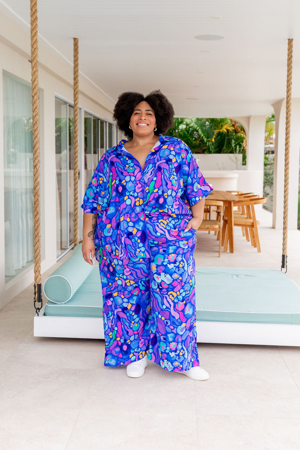 Kasey Rainbow Larsa Pants - Women's High Waisted Flowy Beach Pants in Reef Blue | Perfect for Summer Vacations, Beach Outings & Boho Fashion