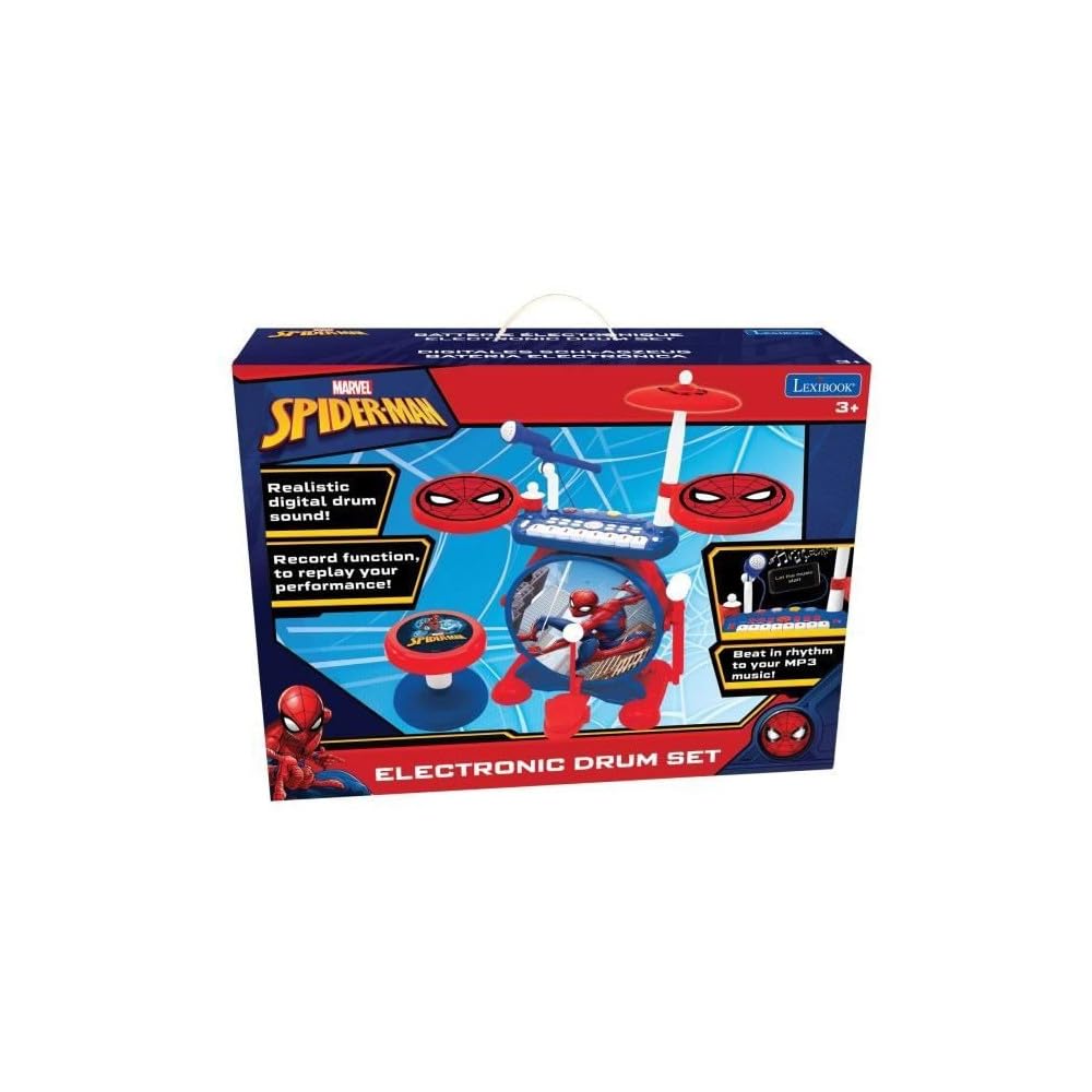 LEXIBOOK K610SP Spider-Man Electronic Music Toy Set for Kids - Interactive Drum & 8-Key Keyboard with Realistic Sounds, MP3 Plug & Included Seat (Blue/Red) - Perfect for Birthday Gifts, Playroom Entertainment & Early Music Education