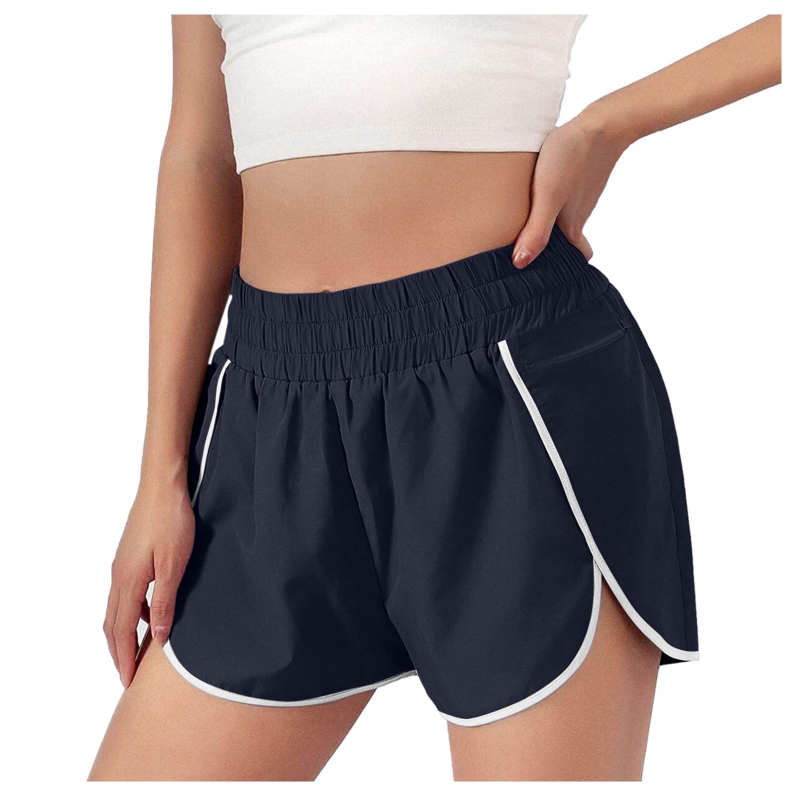 **Women's High Waist Athletic Shorts with Pockets - Stretchy Elastic Running Workout Dolphin Shorts for Yoga, Gym & Casual Wear**