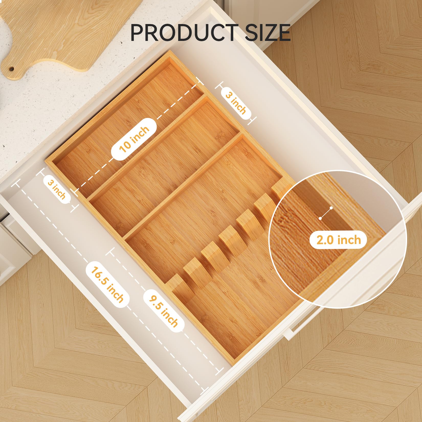Yofidra Pure Bamboo Silverware Drawer Organizer - 16.5 Inch Large Utensil Tray with 3 Compartments & 6 Card Slots | Kitchen Flatware Organizer for Spoons, Forks, Knives | 2024 Upgraded Design | Perfect for Home, Restaurant & Office Organization