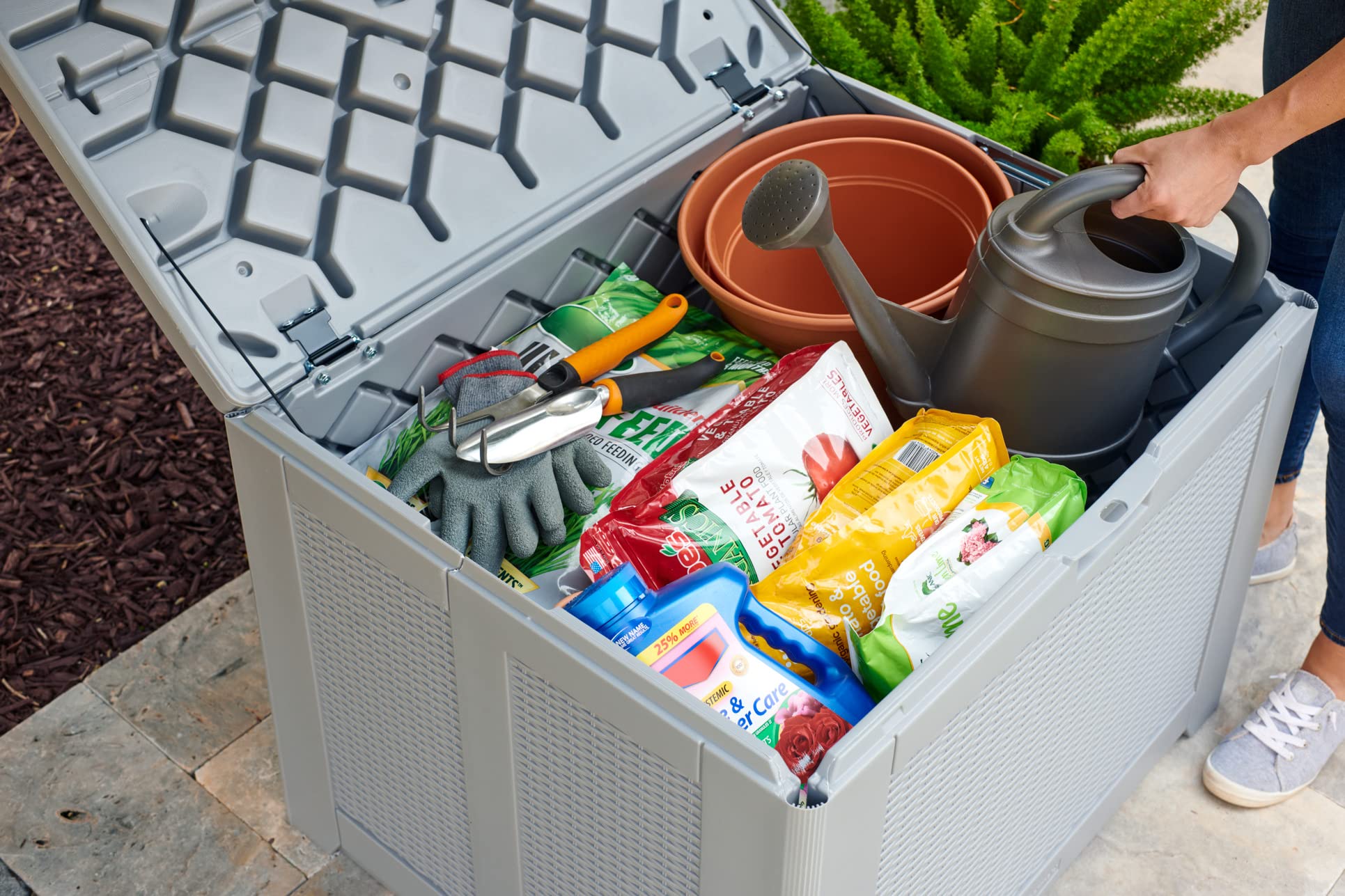Rubbermaid 74 Gallon Medium Resin Outdoor Storage Deck Box - Weather Resistant Gray Deck Organizer for Backyard, Pool, Garden | Perfect for Storing Toys, Patio Cushions, Chemicals & Tools