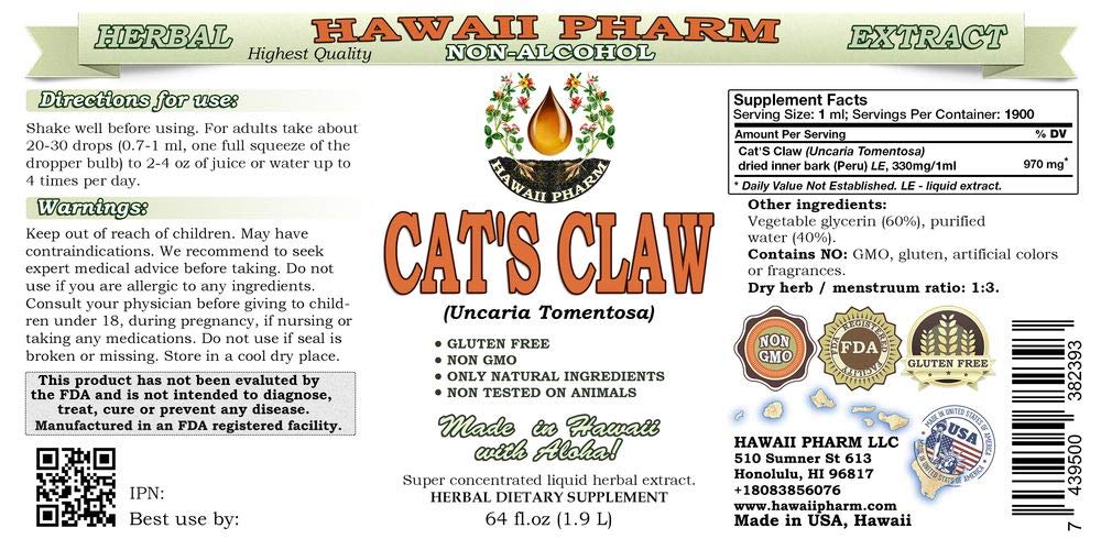 Alcohol-Free Cat's Claw Liquid Extract (Uncaria Tomentosa) | Natural Herbal Supplement | Dried Inner Bark Glycerite | 64 oz by Hawaii Pharm | Immune Support & Wellness Boost for Daily Health